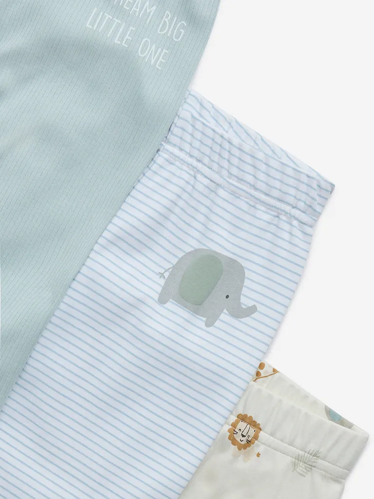 HOP Baby Mint Printed Cotton Pants - Pack of 3