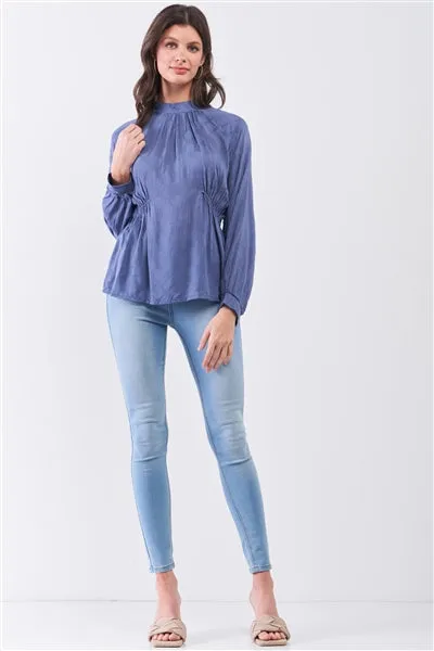 Indian Blue Boho Mock Neck Long Sleeve Blouse Top