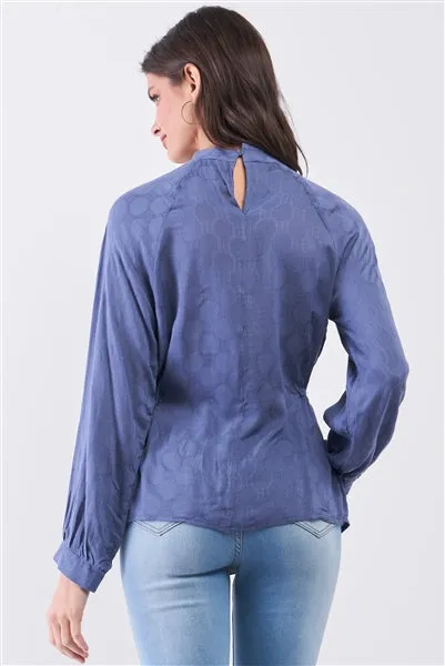 Indian Blue Boho Mock Neck Long Sleeve Blouse Top