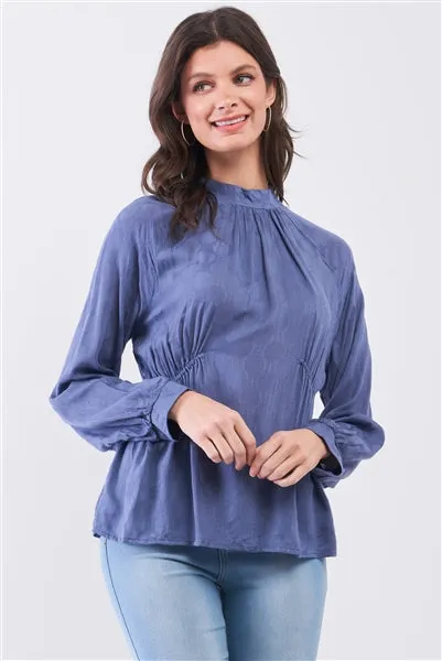 Indian Blue Boho Mock Neck Long Sleeve Blouse Top