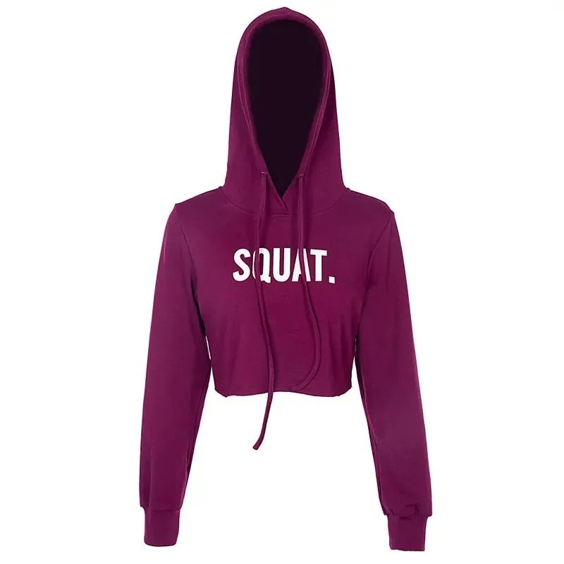 InstaHot Letter Print SQUAT Hoodies Women's Autumn Crop Tops