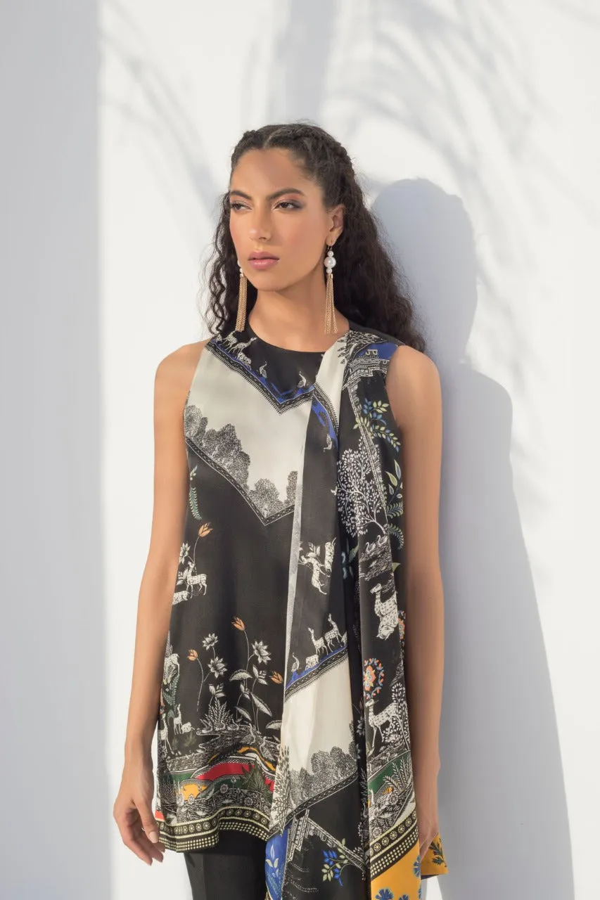 Ivory And Black Charmeuse Top With Raw Silk Bootcut Trousers