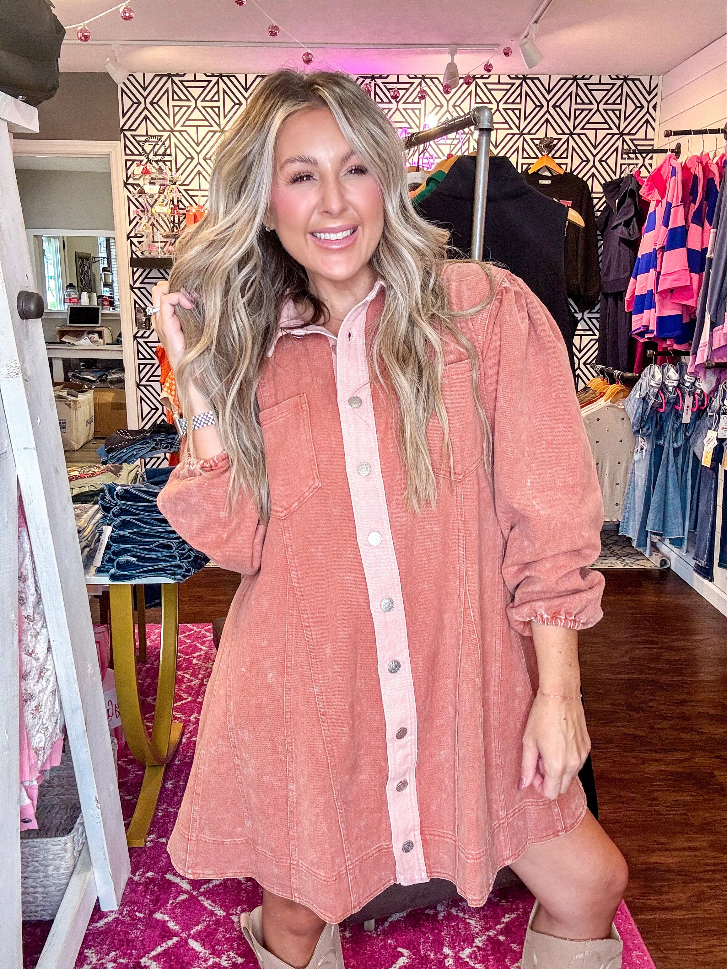 Just A Flirty Flared Terra Cotta Mini Denim Dress