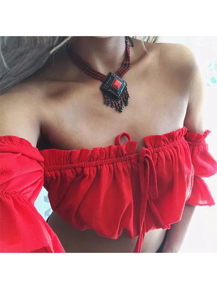 Lantern Sleeve Strapless Crop Top