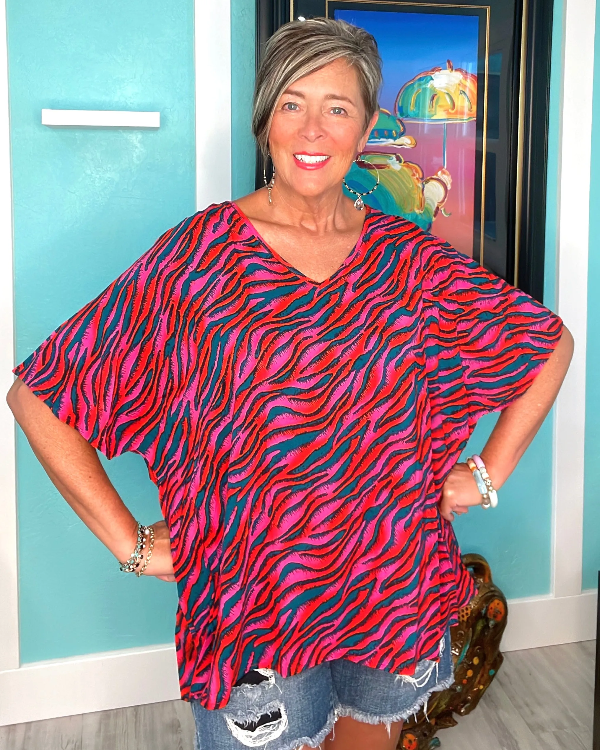 Magenta & Teal Animal Zebra Print VNeck Short Sleeve Blouse