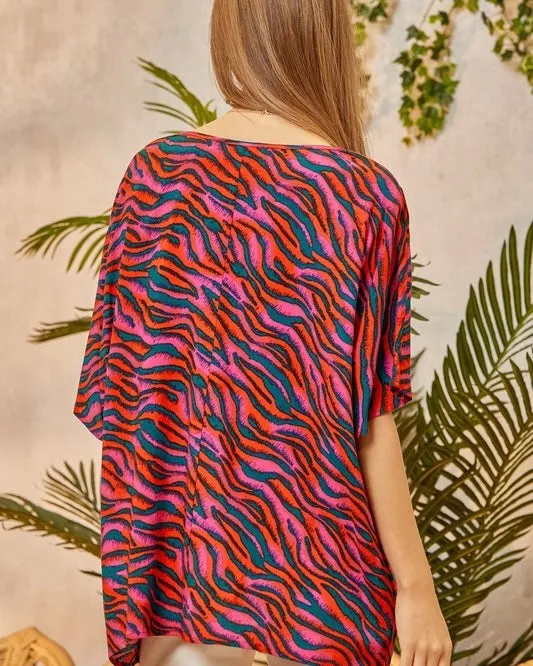 Magenta & Teal Animal Zebra Print VNeck Short Sleeve Blouse