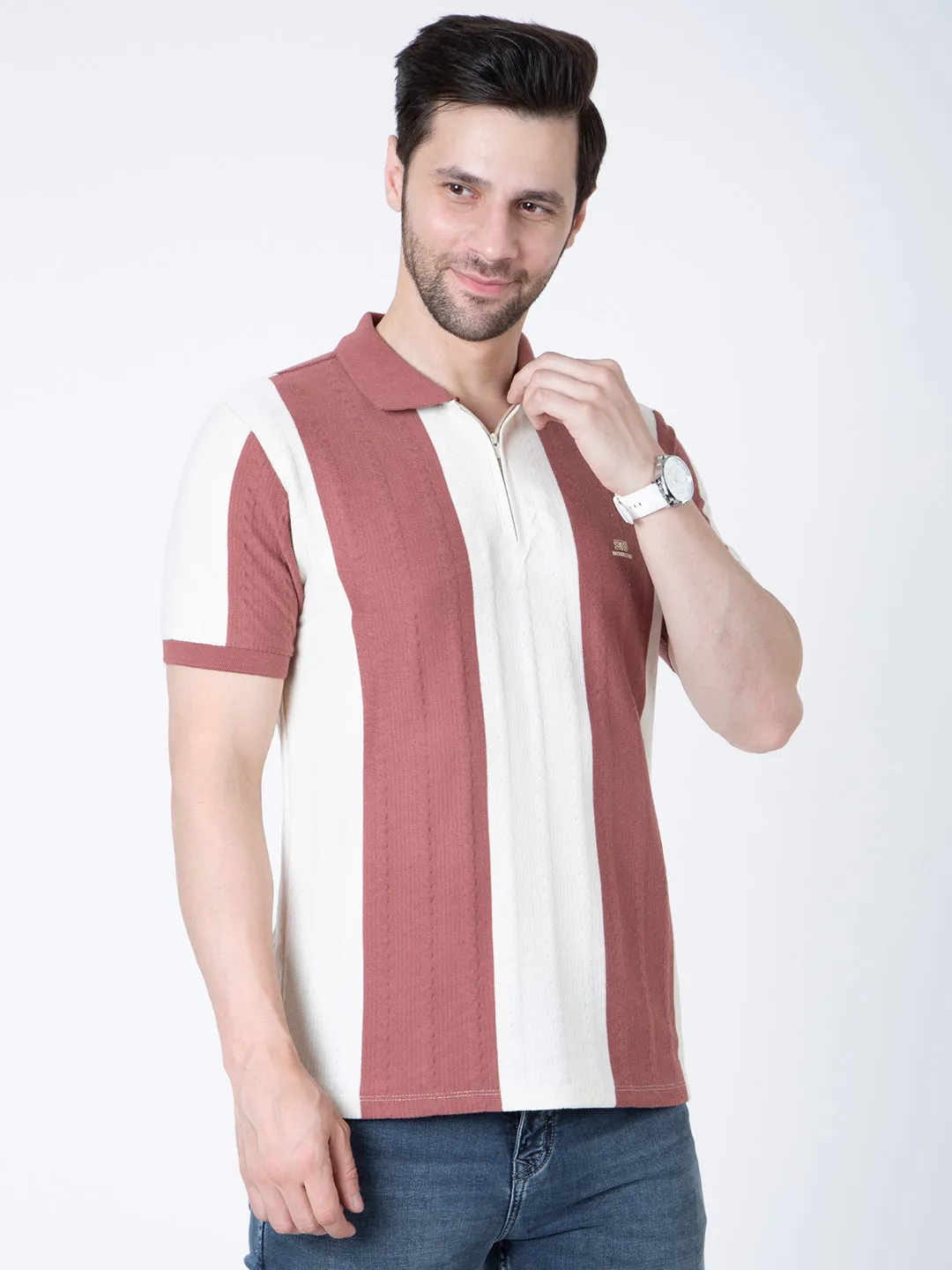 Men Polo Half Zipper Beige T-Shirt