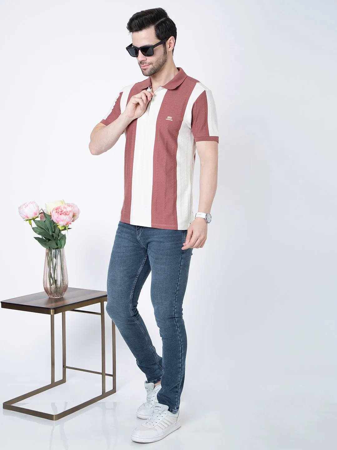 Men Polo Half Zipper Beige T-Shirt