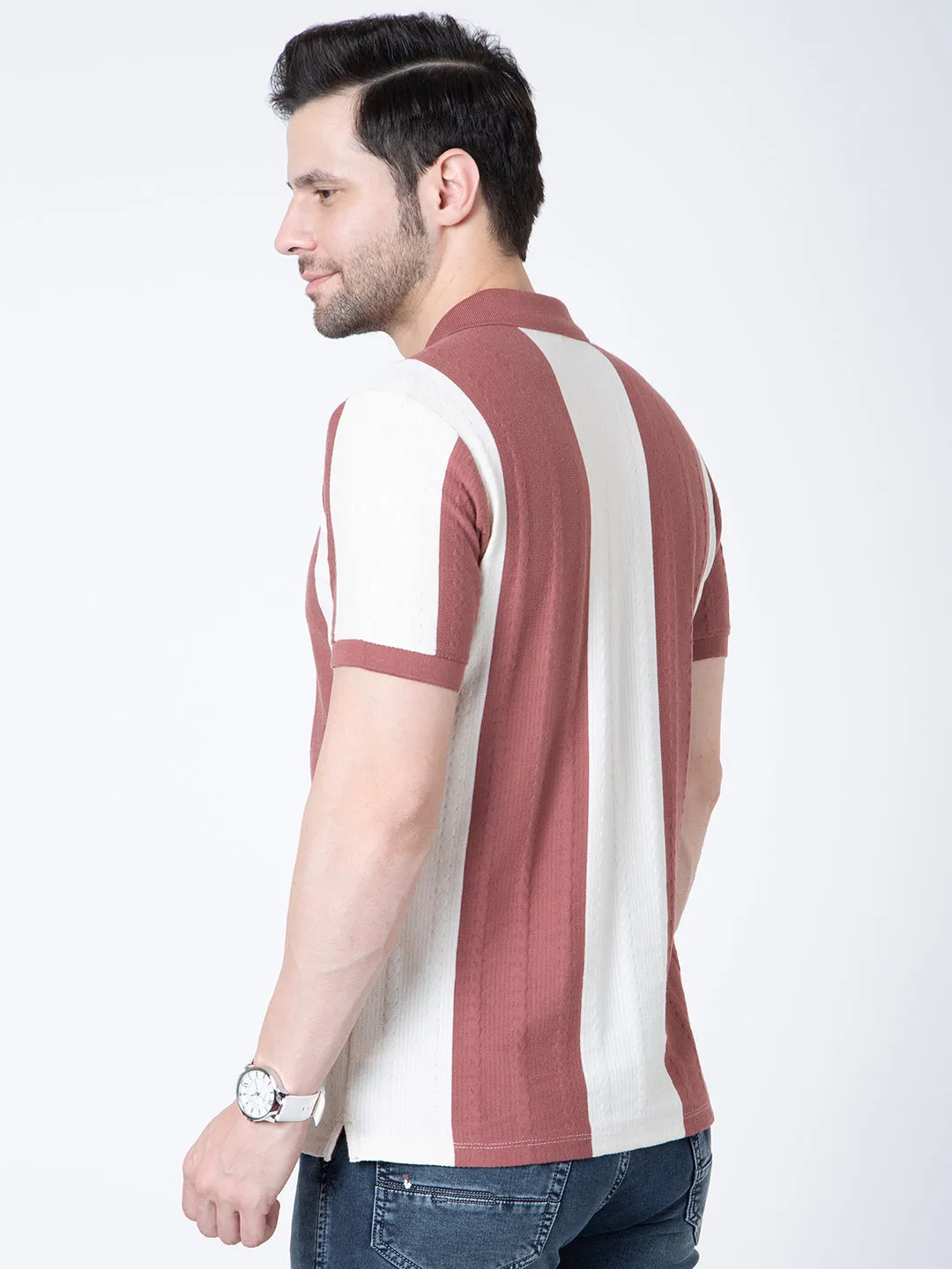 Men Polo Half Zipper Beige T-Shirt