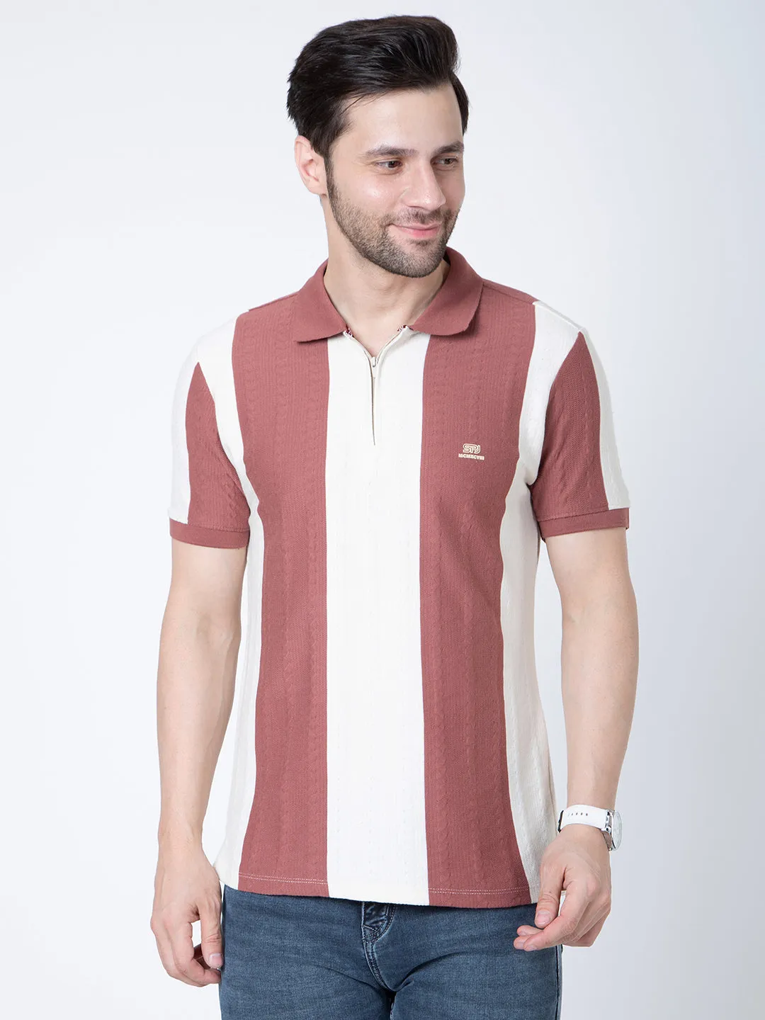 Men Polo Half Zipper Beige T-Shirt
