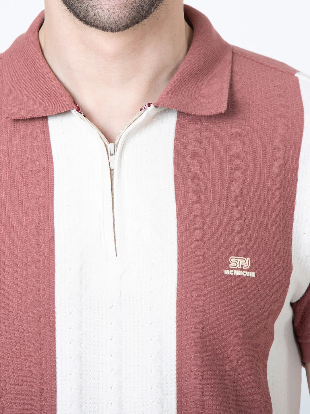 Men Polo Half Zipper Beige T-Shirt