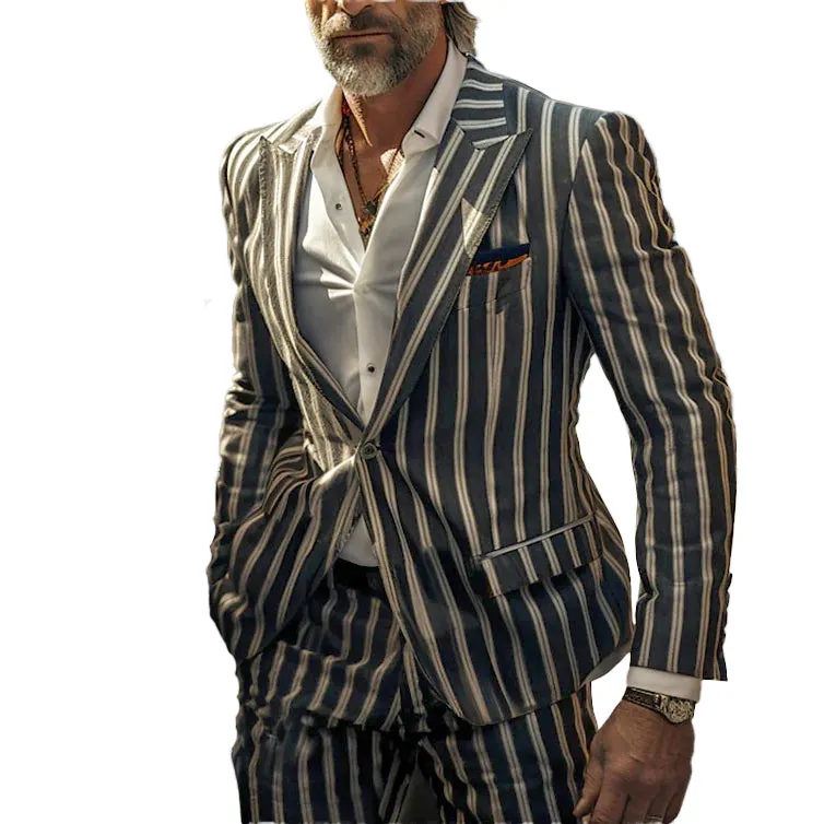 Men'S Business Striped Lapel Collar Long Sleeve Pocket Blazer 250199994