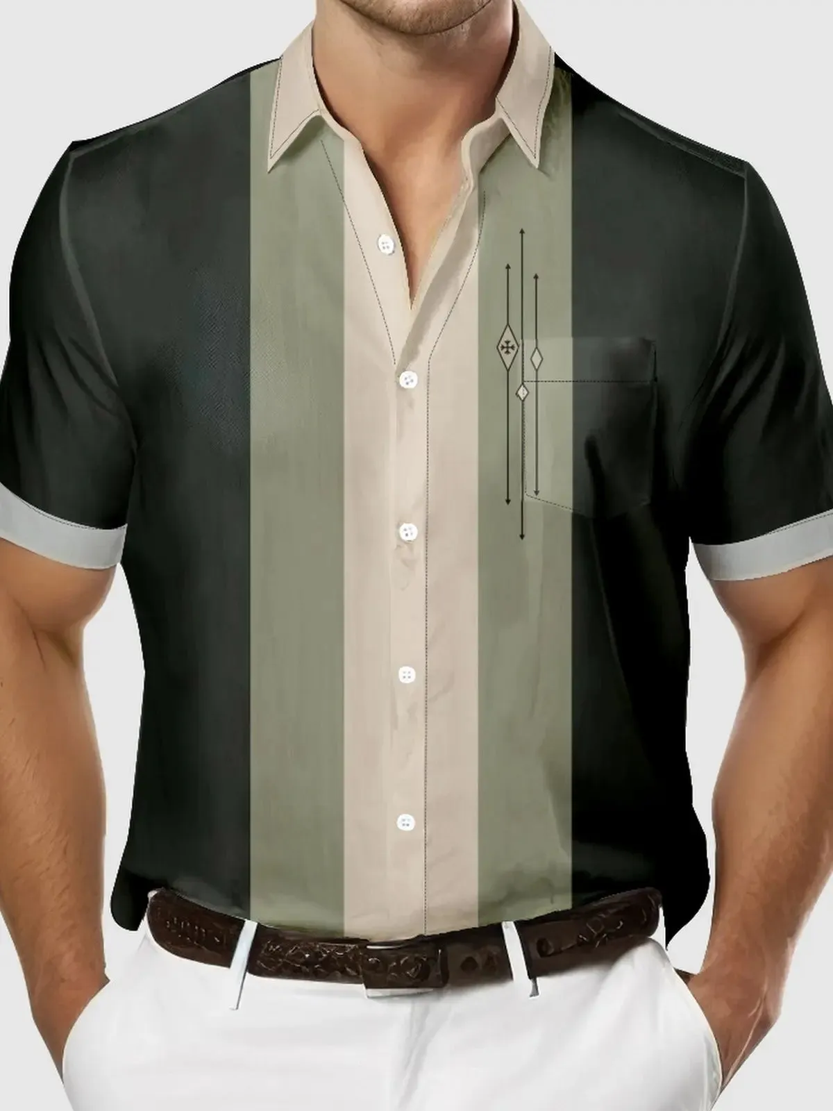 Mens Color-block Striped Casual Breathable Short Sleeve Bowling Shirts