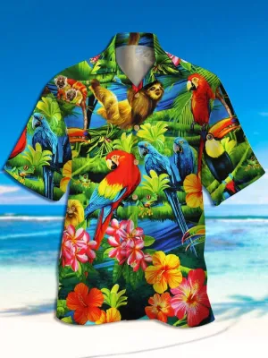 Men's Parrot Print Casual Breathable Hawaiian Short Sleeve Shirt