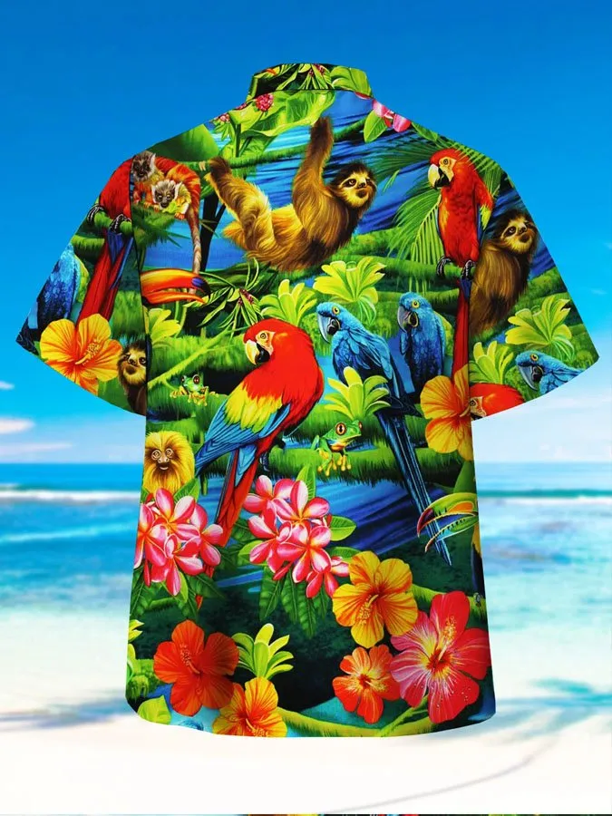 Men's Parrot Print Casual Breathable Hawaiian Short Sleeve Shirt
