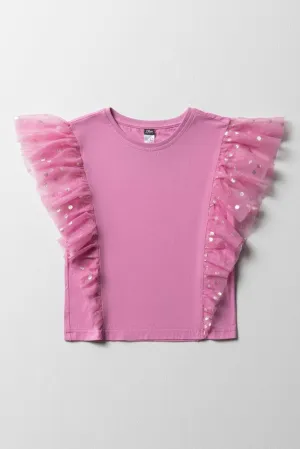 Mesh Frill Sleeve Top Pink