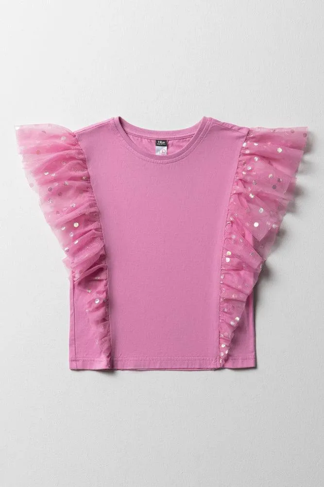 Mesh Frill Sleeve Top Pink