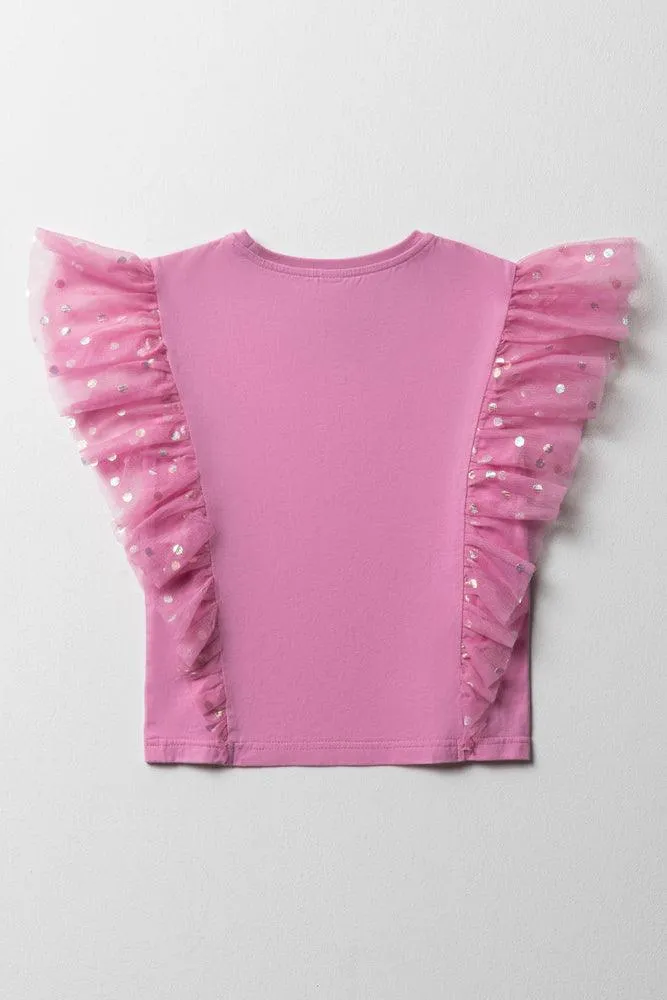 Mesh Frill Sleeve Top Pink