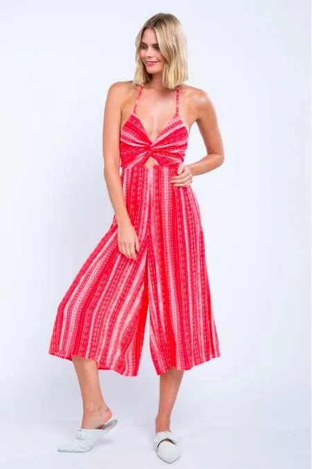 Mia Red Boho Print Cutout Culotte Jumpsuit