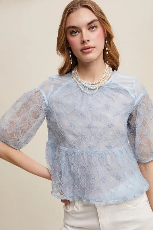 Misty Blue Floral Embroidered Sheer Peplum Blouse