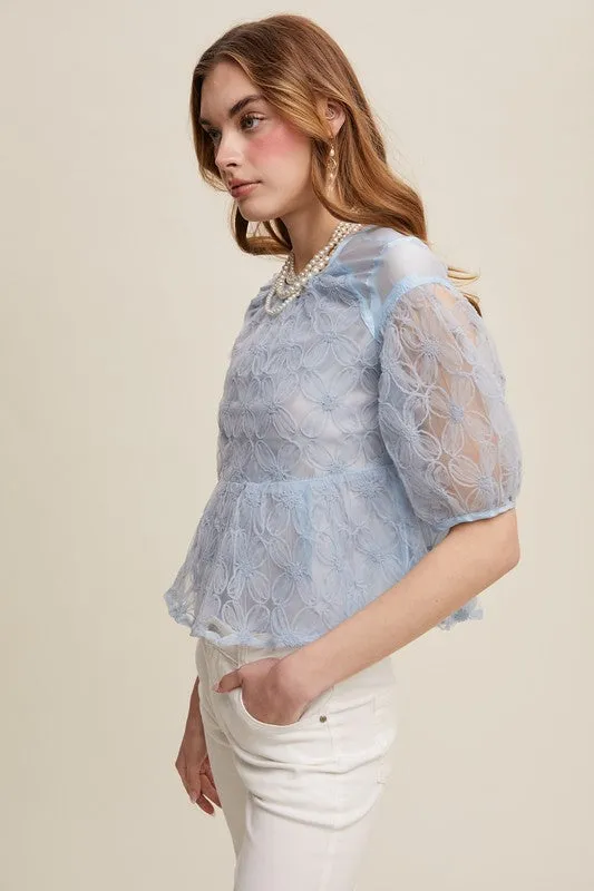 Misty Blue Floral Embroidered Sheer Peplum Blouse