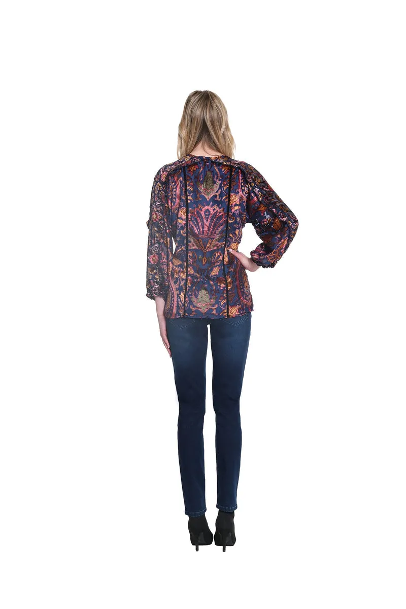 Mixed Print Burnout Ruffle Trim Top