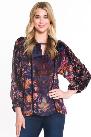Mixed Print Burnout Ruffle Trim Top