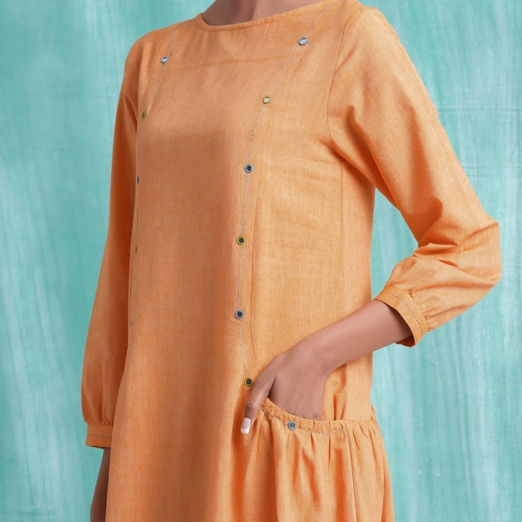 Orange Round Neck Cotton Mirror Work Midi Dress