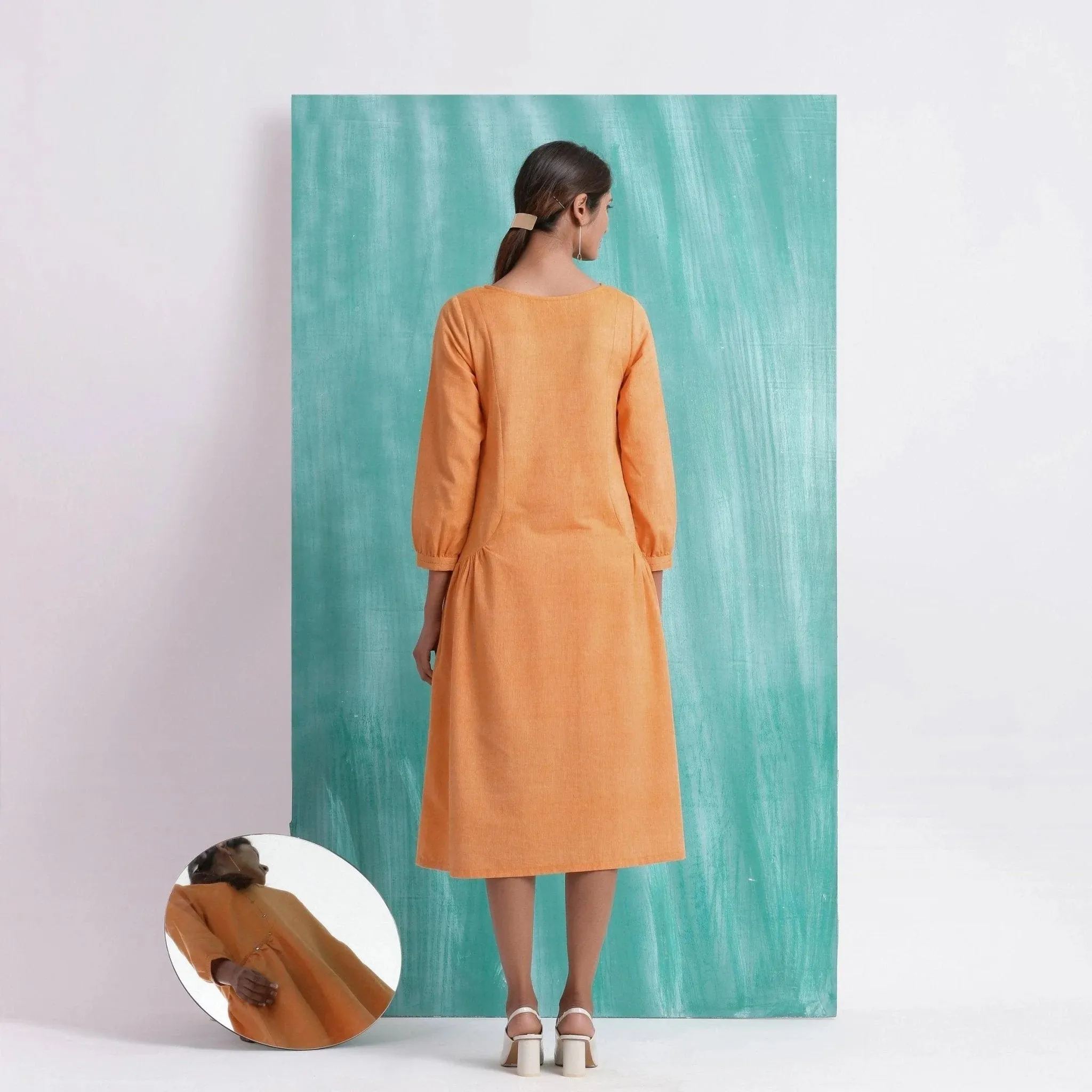 Orange Round Neck Cotton Mirror Work Midi Dress