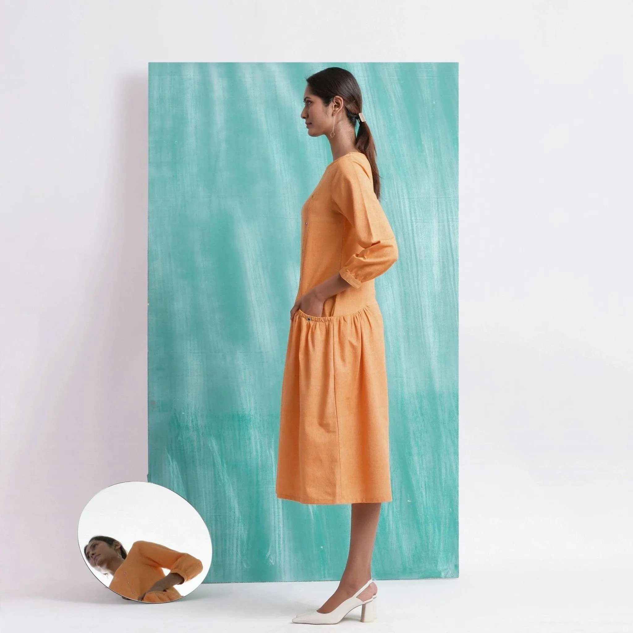 Orange Round Neck Cotton Mirror Work Midi Dress