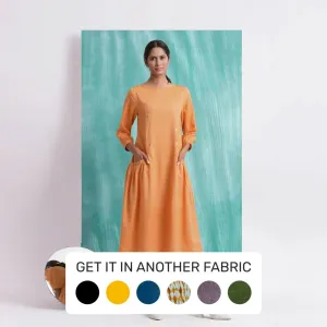 Orange Round Neck Cotton Mirror Work Midi Dress