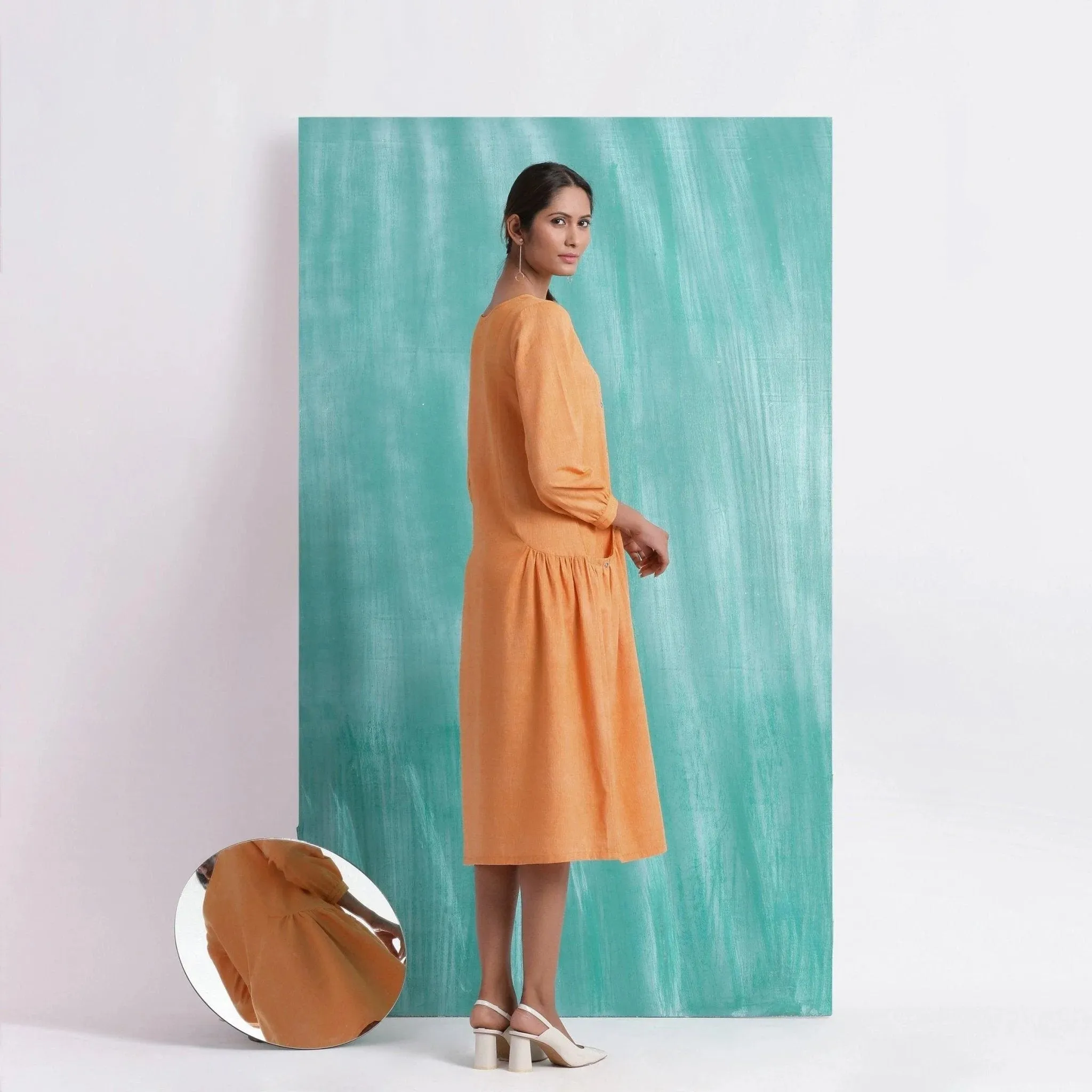 Orange Round Neck Cotton Mirror Work Midi Dress