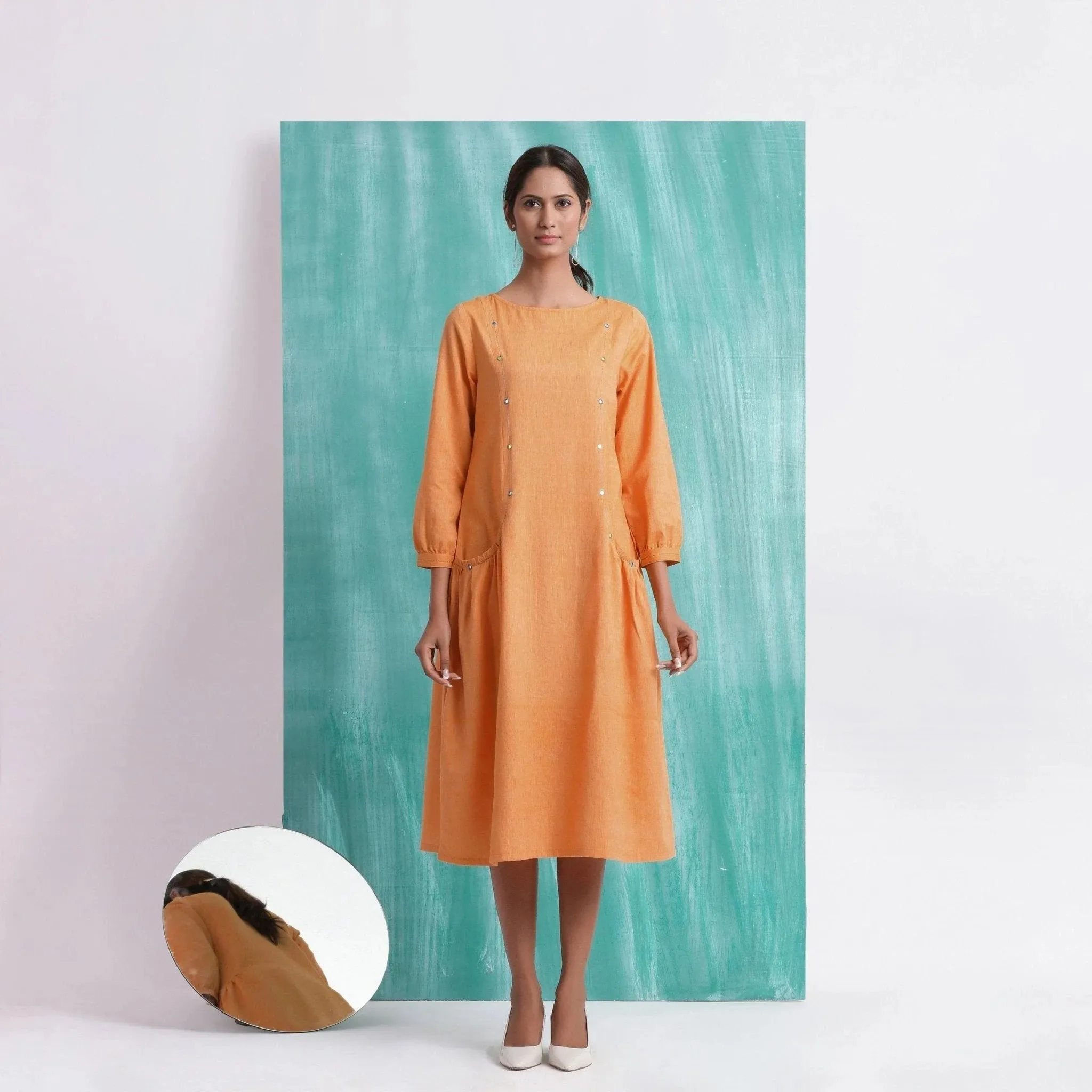 Orange Round Neck Cotton Mirror Work Midi Dress