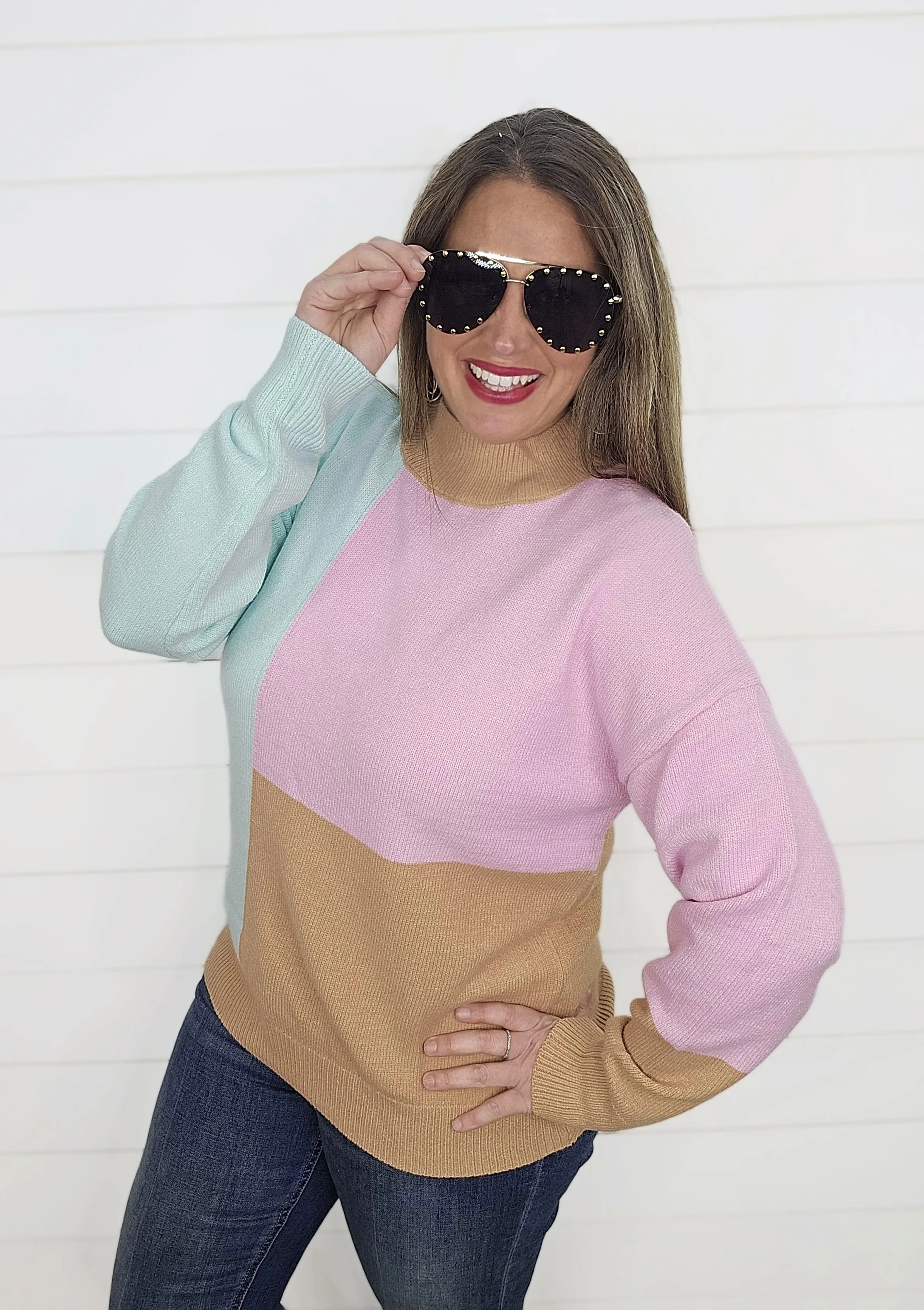 PINK/MINT/MOCHA COLORBLOCK KNIT SWEATER