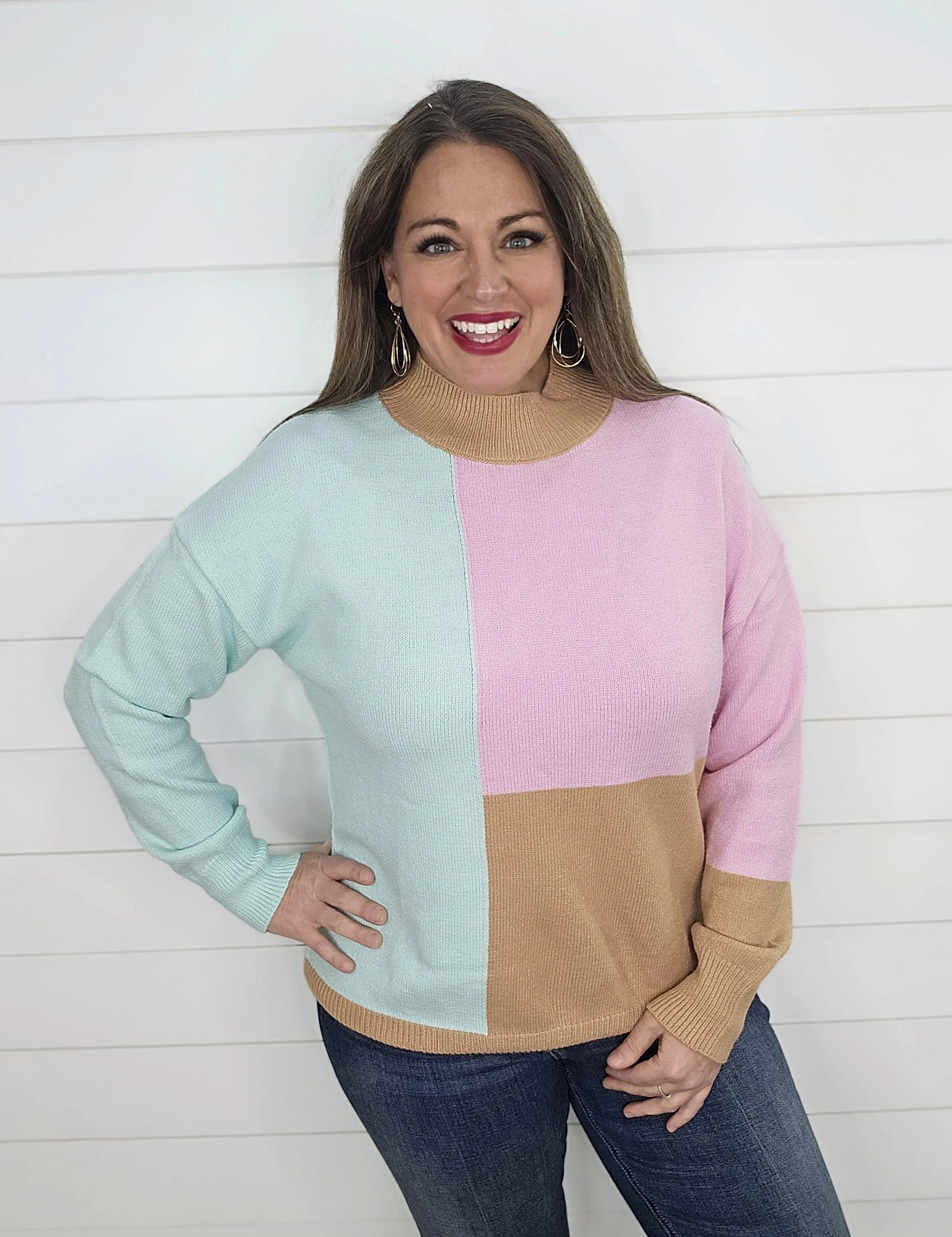 PINK/MINT/MOCHA COLORBLOCK KNIT SWEATER