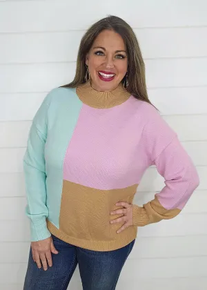 PINK/MINT/MOCHA COLORBLOCK KNIT SWEATER