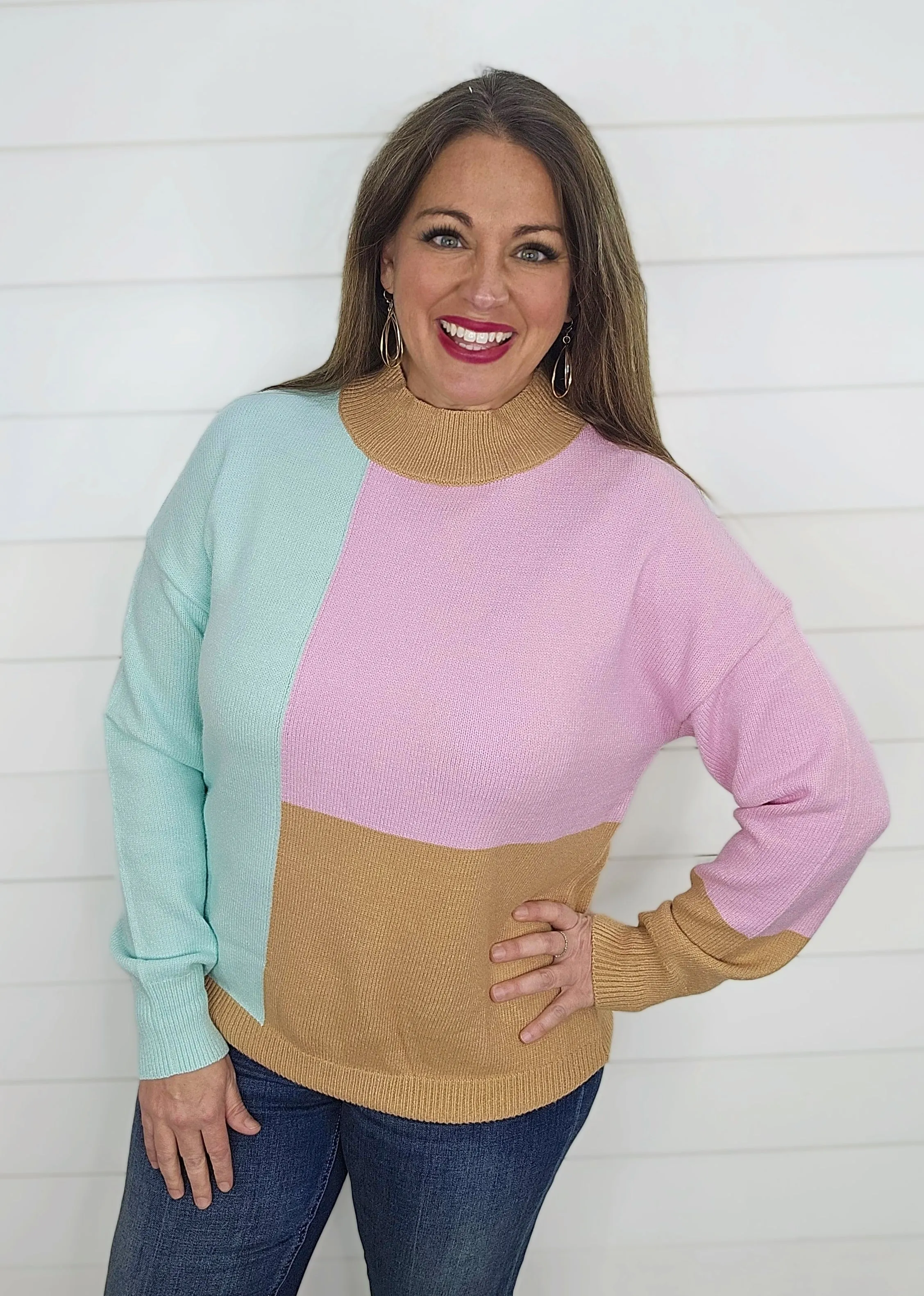 PINK/MINT/MOCHA COLORBLOCK KNIT SWEATER