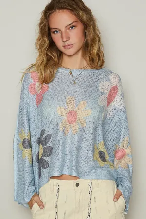 POL Baby Blue Flower Dropped Shoulder Long Sleeve Knit Top