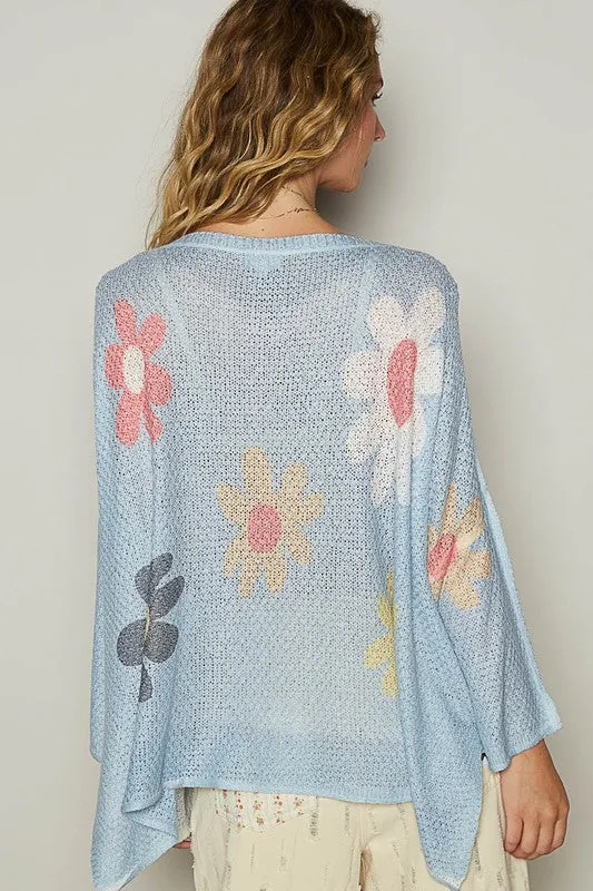 POL Baby Blue Flower Dropped Shoulder Long Sleeve Knit Top