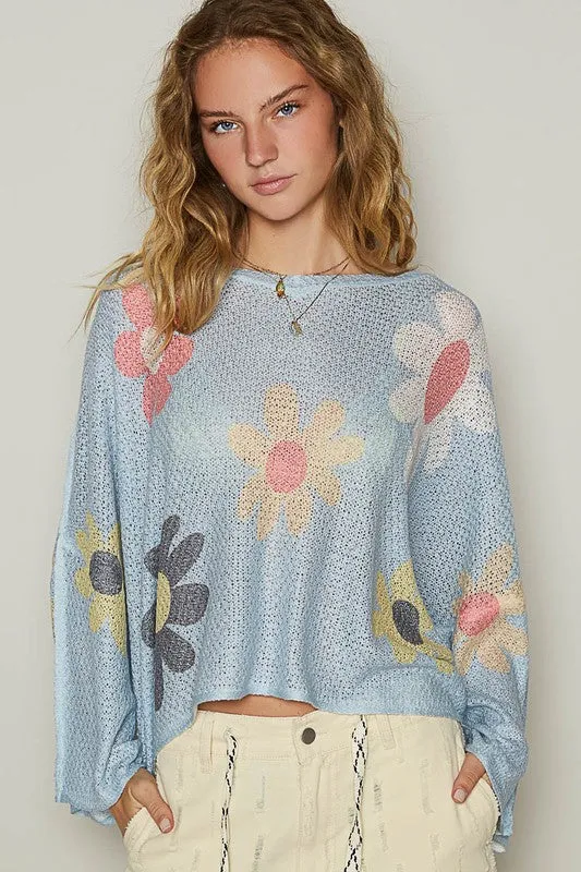 POL Baby Blue Flower Dropped Shoulder Long Sleeve Knit Top