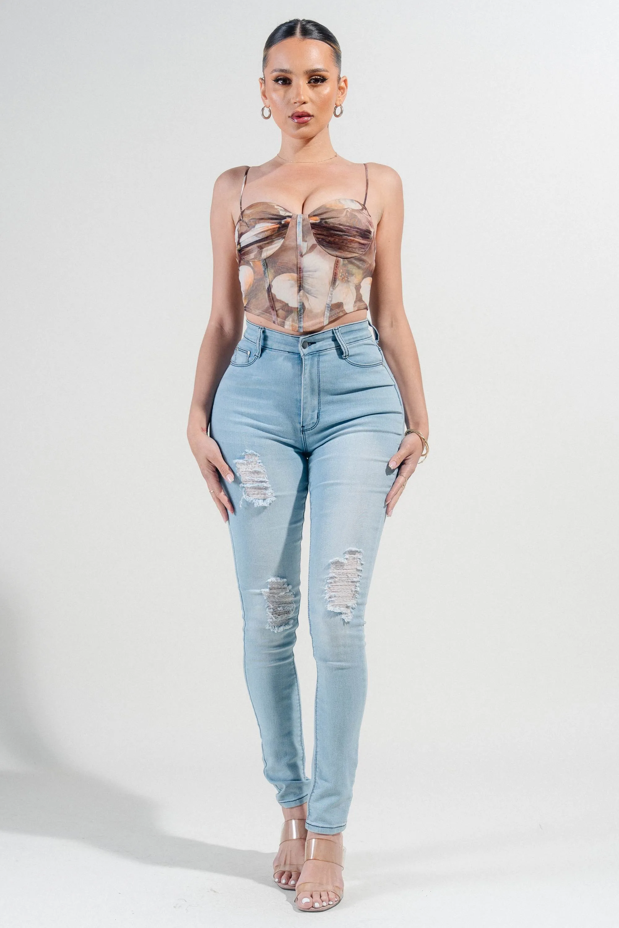 PTKS45274N / MESH PRINT BUSTIER STRAPPING DETAIL CROP TOP