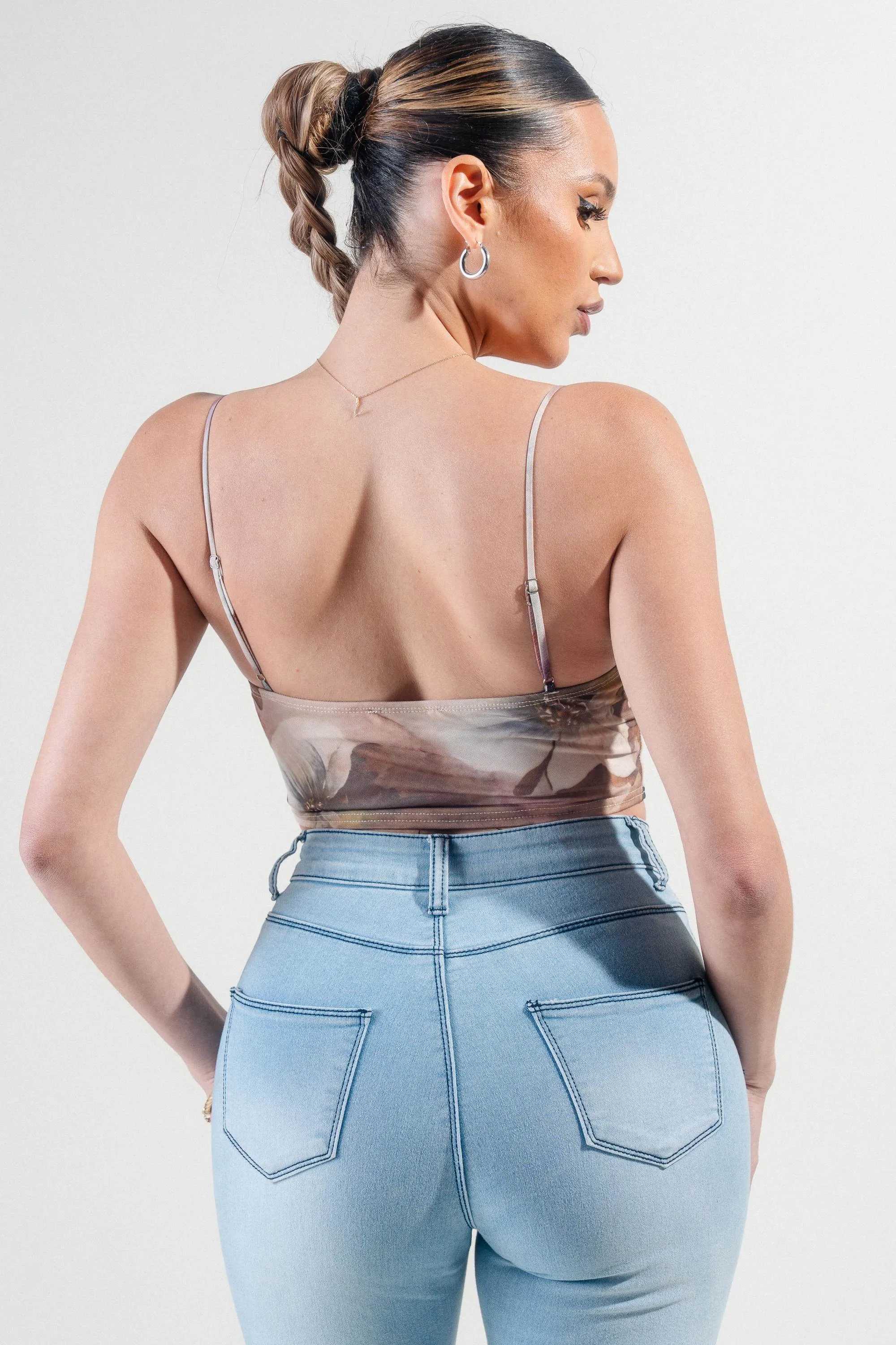PTKS45274N / MESH PRINT BUSTIER STRAPPING DETAIL CROP TOP