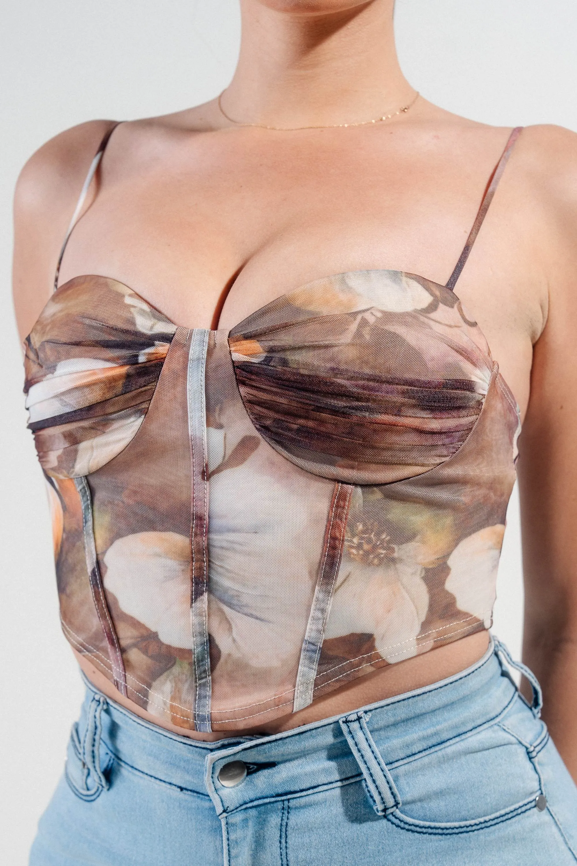 PTKS45274N / MESH PRINT BUSTIER STRAPPING DETAIL CROP TOP