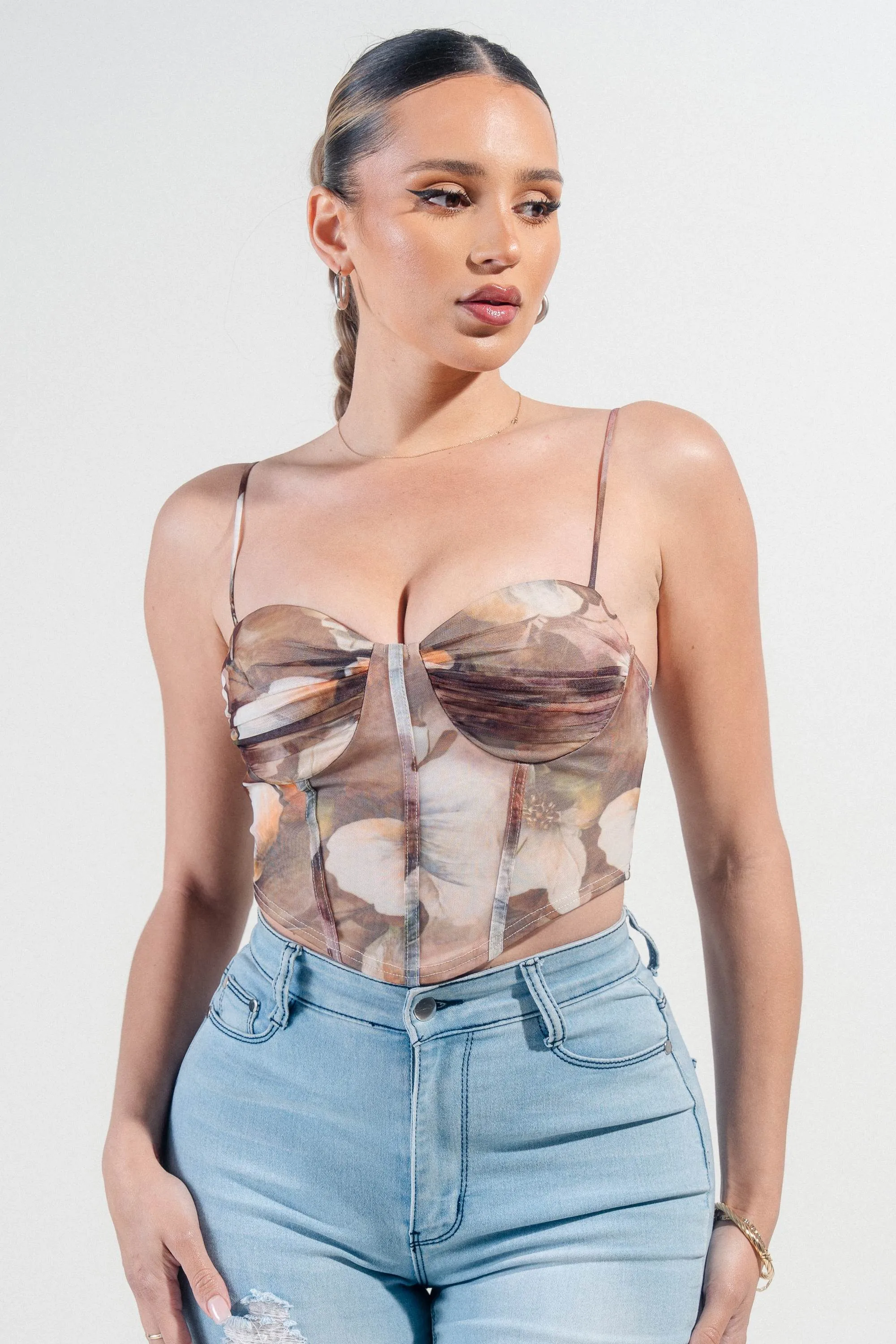 PTKS45274N / MESH PRINT BUSTIER STRAPPING DETAIL CROP TOP