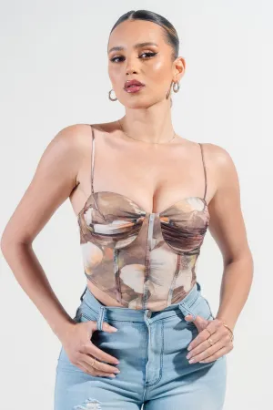 PTKS45274N / MESH PRINT BUSTIER STRAPPING DETAIL CROP TOP