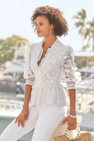 Puff Sleeve Collared Lace Peplum Blouse White