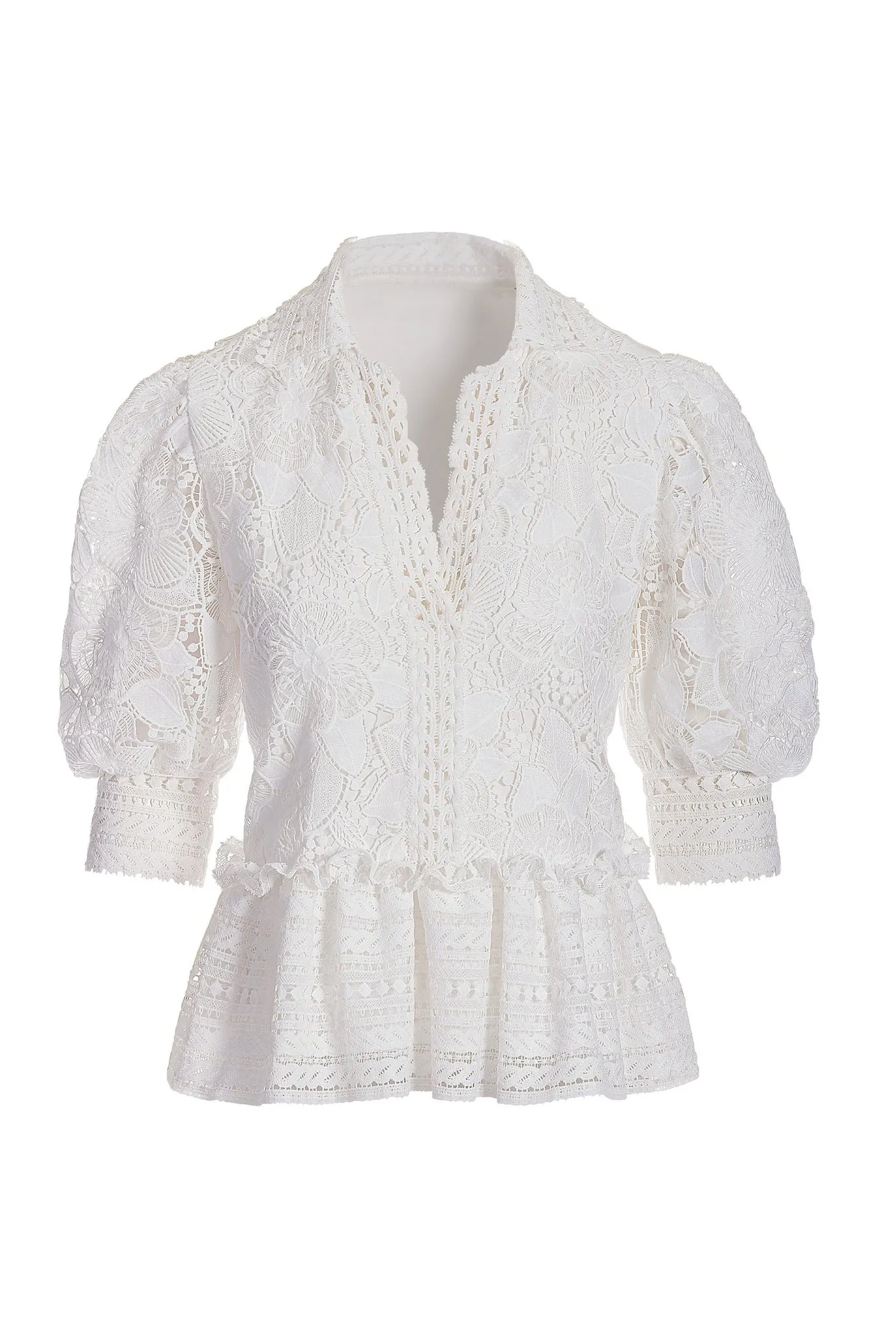 Puff Sleeve Collared Lace Peplum Blouse White