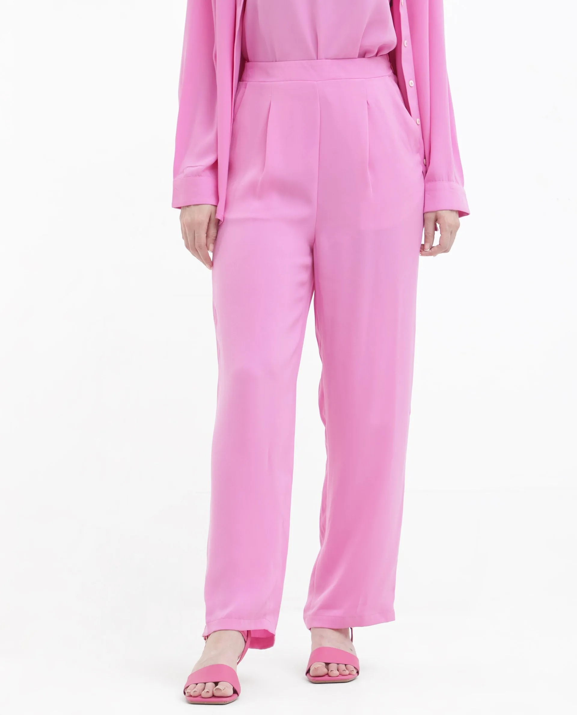 Rareism Women Serbay Pink Polyester Fabric Straight Fit Plain Ankle Length Trousers