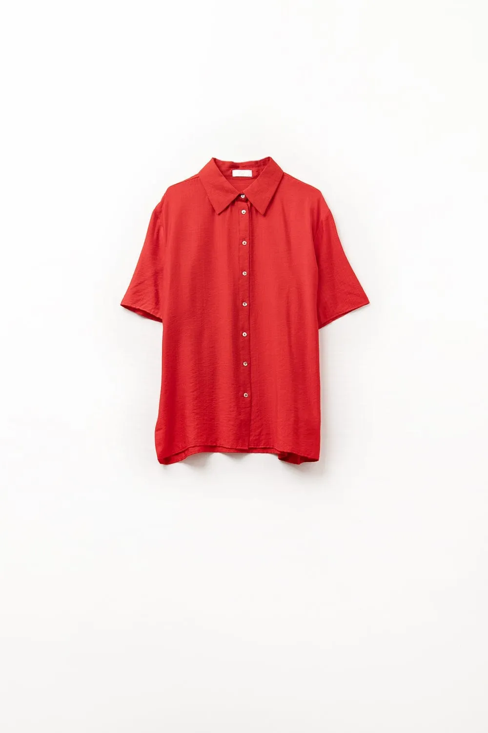 Red Shirt With Short Sleeves And Pleat On The Sleeve