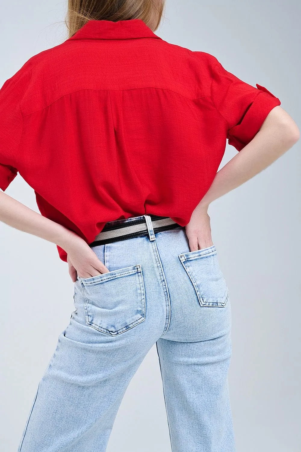 Red Shirt With Short Sleeves And Pleat On The Sleeve